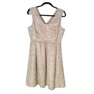 Covington Cream White Silver Fit and Flare Patterned Sleeveless Dress